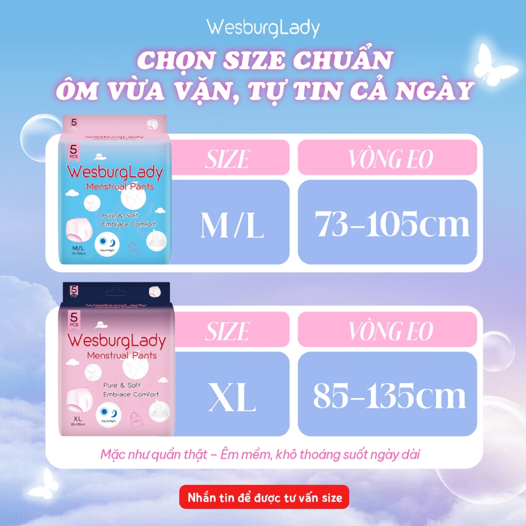 Băng Quần Vệ Sinh Phụ Nữ WesburgLady Ôm 360° Chống Tràn Khô Thoáng Khử Mùi Kép Size XL x5 Quần