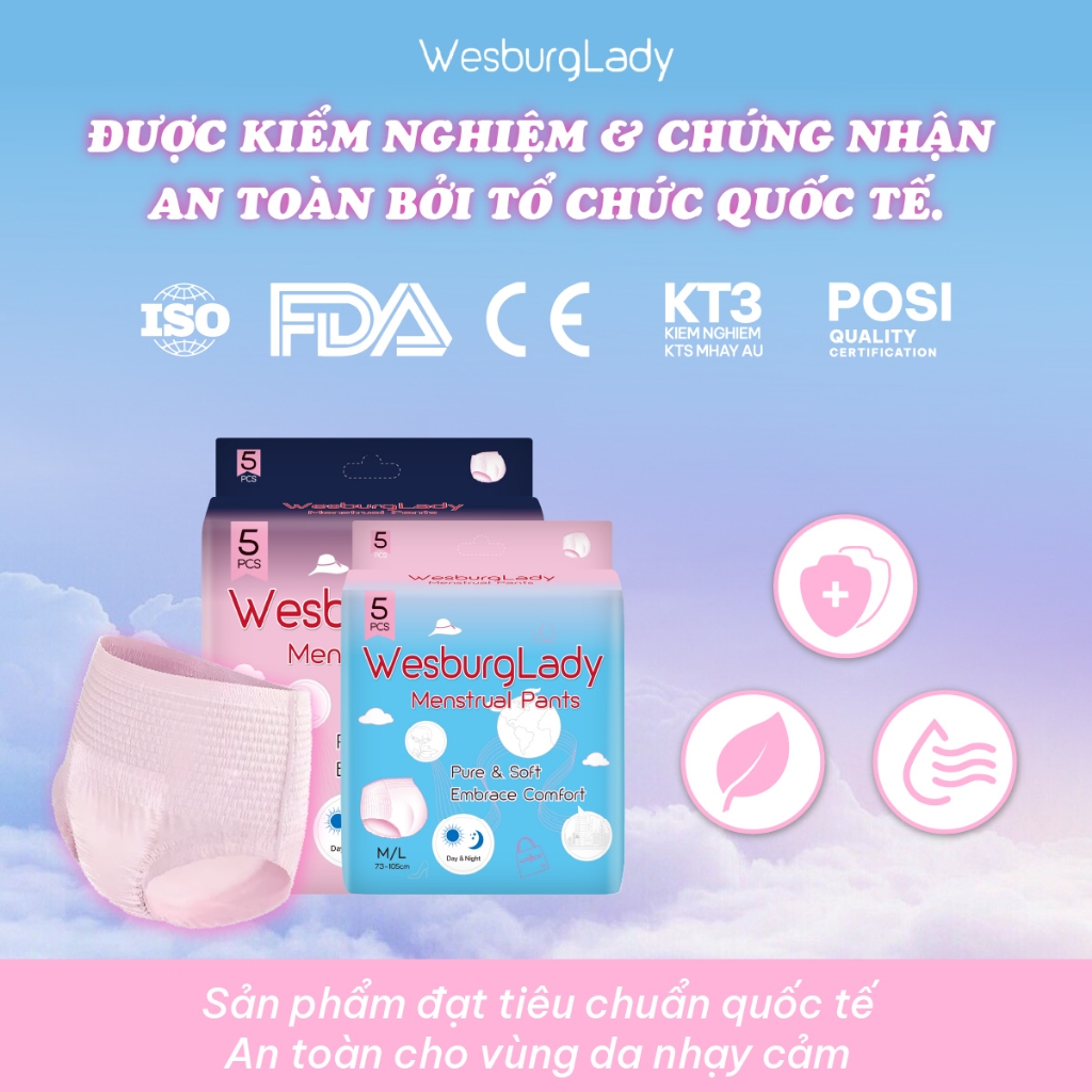 Băng Quần Vệ Sinh Phụ Nữ WesburgLady Ôm 360° Chống Tràn Khô Thoáng Khử Mùi Kép Size XL x5 Quần