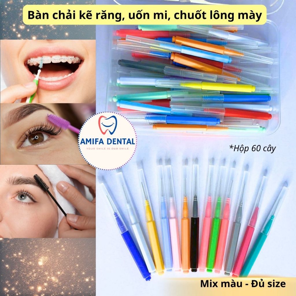 Hộp 60 Bàn Chải Kẽ Răng, Cọ Chải Mi, Lược Chải Lông Mày Mini, Bàn Chải Chỉnh Nha, Chải Uốn Mi, Chải Gắn Mi Giả