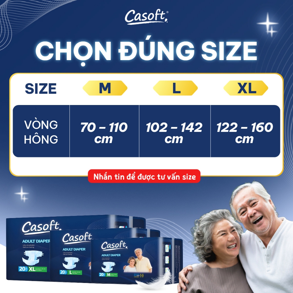 Tã Dán Người Lớn Casoft – Siêu Thấm Hút, Chống Tràn Kép, Thoáng Khí Đa Chiều Size M/L/XL x10-20 miếng