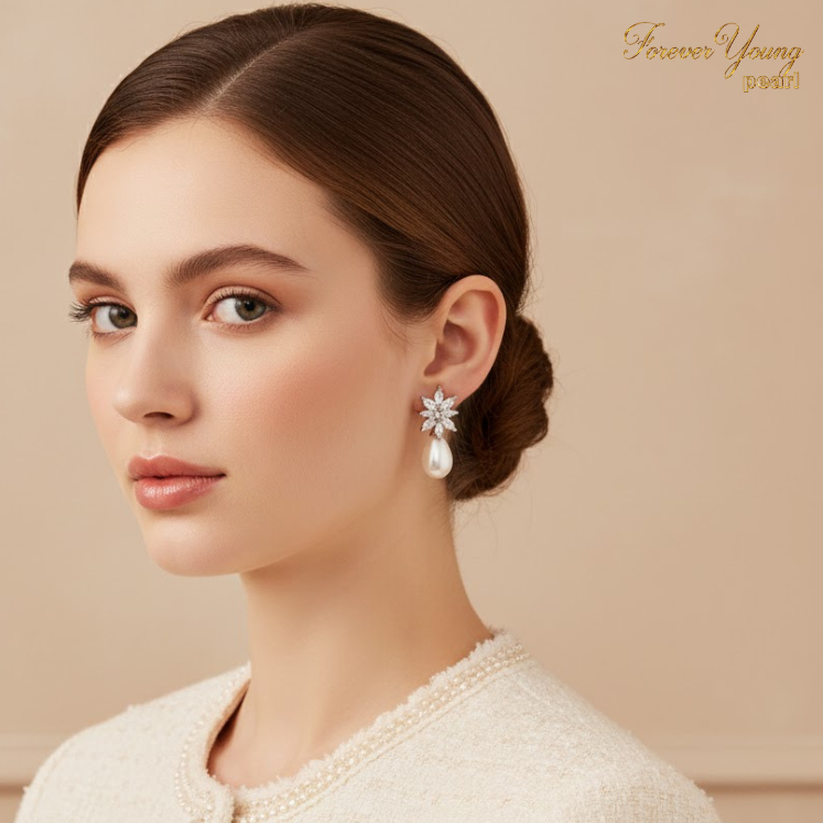 Mã BT13. Bông Tai mạ Van Trắng ngọc Trai Nuôi Nước Ngọt Dày 7-9 Li Charm Đính Đá Cz Cao Cấp Quý Phái. Forever Young Pea