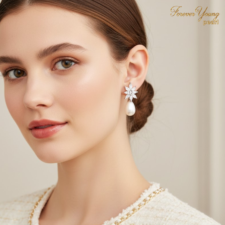 Mã BT13. Bông Tai mạ Van Trắng ngọc Trai Nuôi Nước Ngọt Dày 7-9 Li Charm Đính Đá Cz Cao Cấp Quý Phái. Forever Young Pea