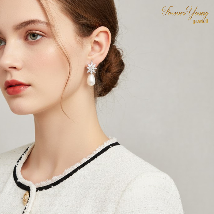 Mã BT13. Bông Tai mạ Van Trắng ngọc Trai Nuôi Nước Ngọt Dày 7-9 Li Charm Đính Đá Cz Cao Cấp Quý Phái. Forever Young Pea