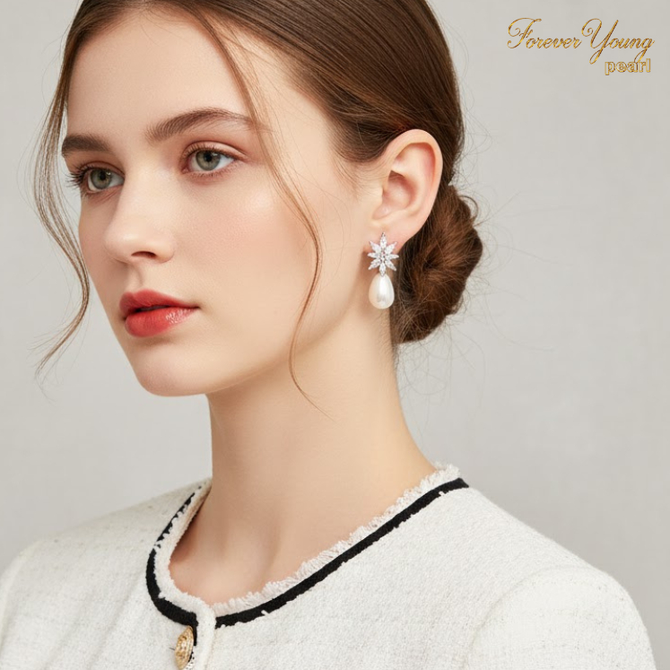 Mã BT13. Bông Tai mạ Van Trắng ngọc Trai Nuôi Nước Ngọt Dày 7-9 Li Charm Đính Đá Cz Cao Cấp Quý Phái. Forever Young Pea