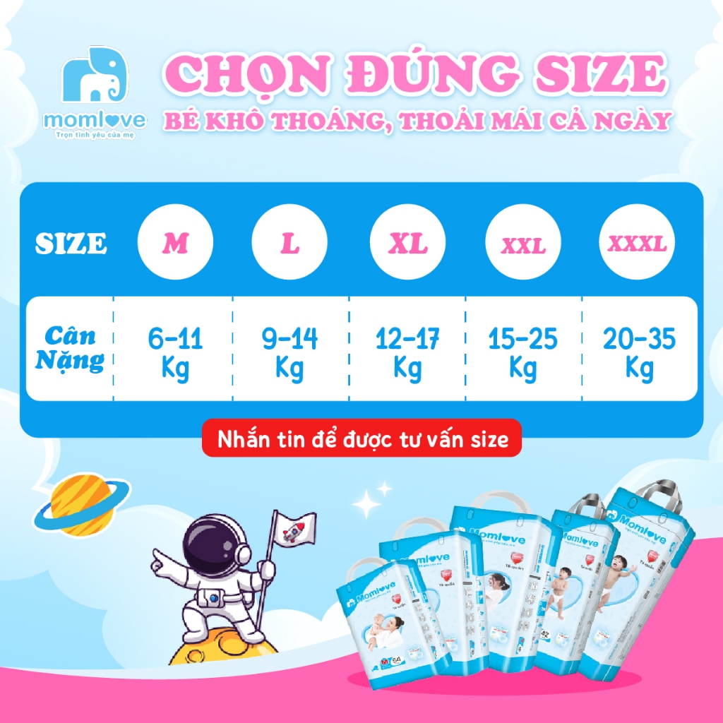 Tã Quần Trẻ Em MOMLOVE Lõi Thấm Siêu Tốc Thoáng Khí 4 Chiều Mềm Mại Êm Ái – Size M/L/XL/XXL/XXXL (40-54 miếng/gói)