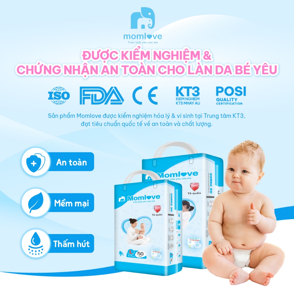 Tã Quần Trẻ Em MOMLOVE Lõi Thấm Siêu Tốc Thoáng Khí 4 Chiều Mềm Mại Êm Ái – Size M/L/XL/XXL/XXXL (40-54 miếng/gói)