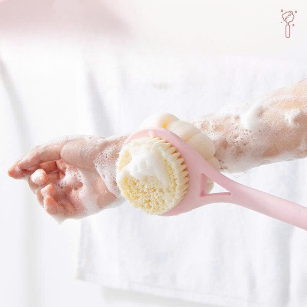 Bàn Chải Tắm 2 Mặt Cán Dài, Một Mặt Bông Lưới Tạo Bọt Một Mặt Bàn Chải Chà Lưng Làm Sạch Sâu