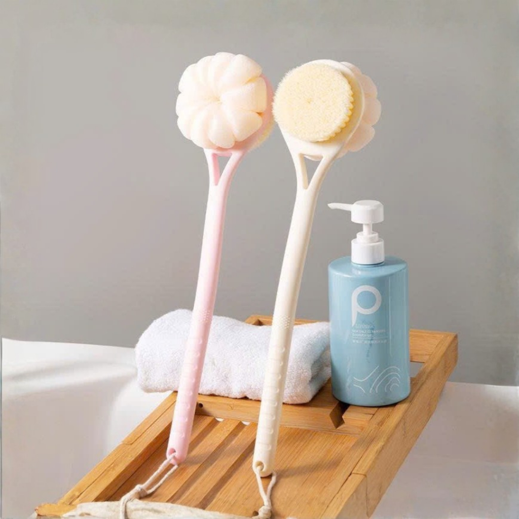 Bàn Chải Tắm 2 Mặt Cán Dài, Một Mặt Bông Lưới Tạo Bọt Một Mặt Bàn Chải Chà Lưng Làm Sạch Sâu