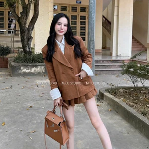 MIU.STUDIO • Set áo vest ,áo khoác blazer nữ from rộng đính khuy bọc kèm chân váy xếp ly ngắn xoè ,hàng thiết kế cao cấp