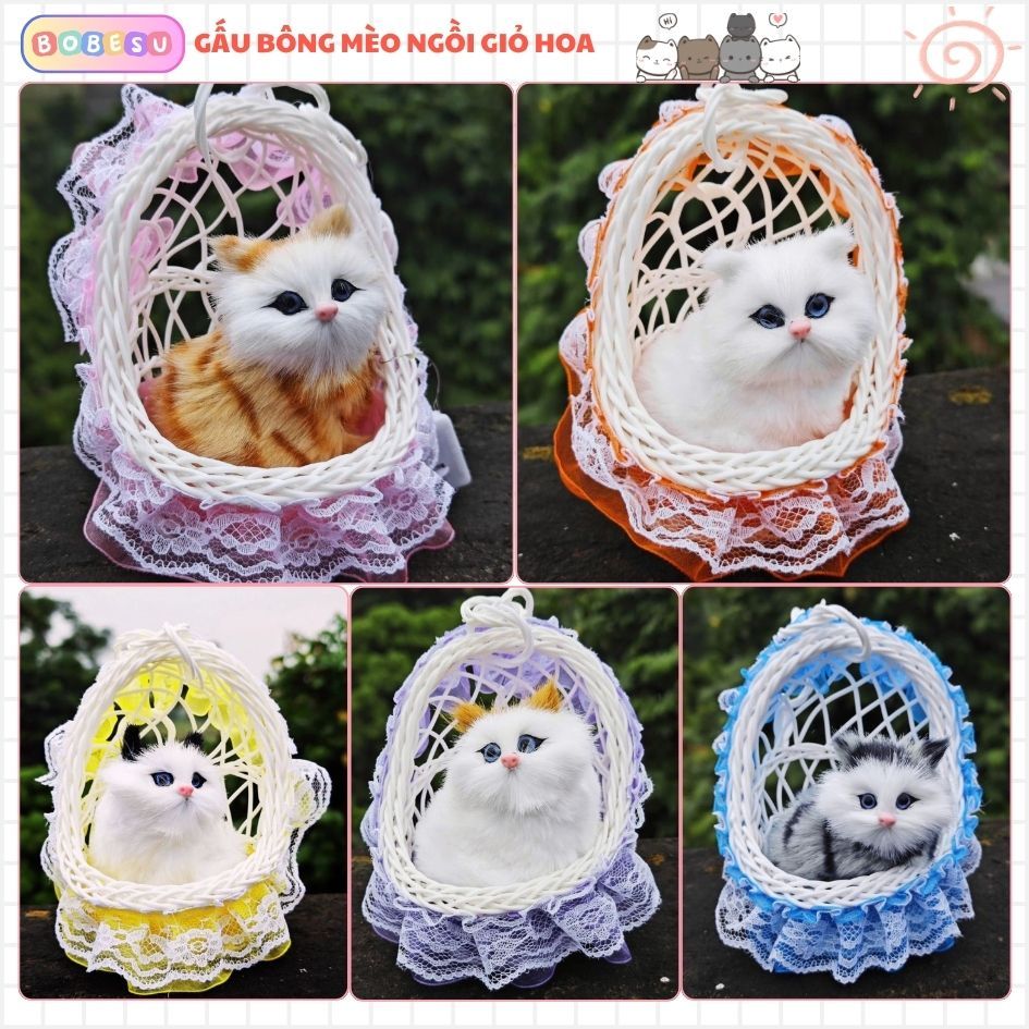 Gấu Bông Con Mèo Ngồi Trong Giỏ Có Đèn Led Và Phát Tiếng Kêu Làm Đồ Trang Trí, Quà Tặng Cho Trẻ Em, Bé, Bạn Gái.Bobesu