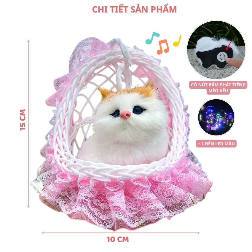 Gấu Bông Con Mèo Ngồi Trong Giỏ Có Đèn Led Và Phát Tiếng Kêu Làm Đồ Trang Trí, Quà Tặng Cho Trẻ Em, Bé, Bạn Gái.Bobesu
