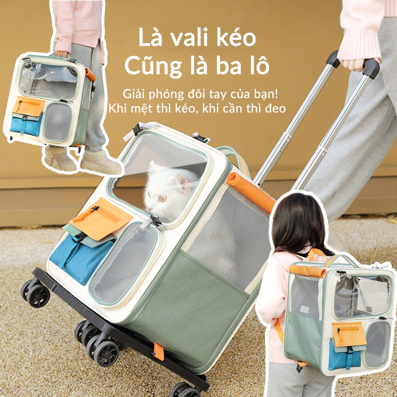Balo thú cưng đa năng Cutepet- 4 trong 1, có thể tháo rời thành vali kéo cho thú cưng, thông thoáng 360°