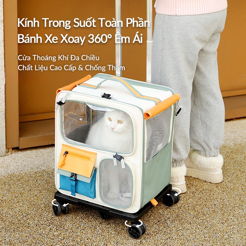 Balo thú cưng đa năng Cutepet- 4 trong 1, có thể tháo rời thành vali kéo cho thú cưng, thông thoáng 360°