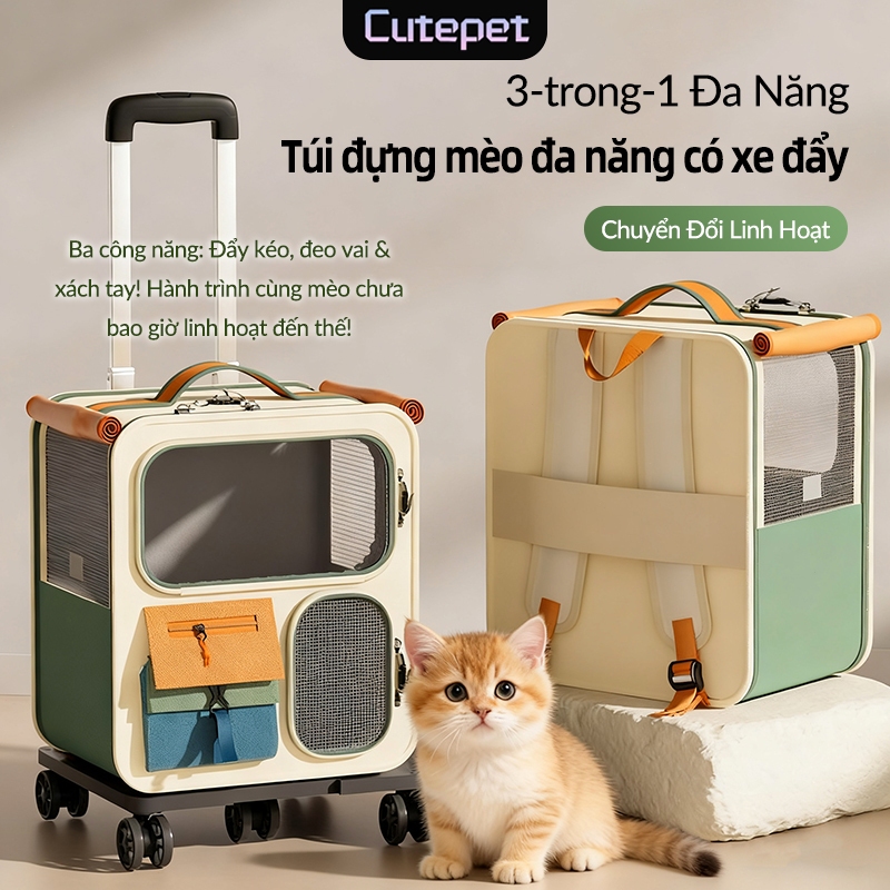 Balo thú cưng đa năng Cutepet- 4 trong 1, có thể tháo rời thành vali kéo cho thú cưng, thông thoáng 360°