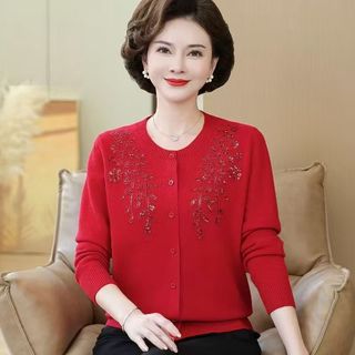 Áo len dệt kim cardigan mùa thu của mẹ, áo len dệt kim thu đông dành cho phụ nữ trung niên và lớn tuổi