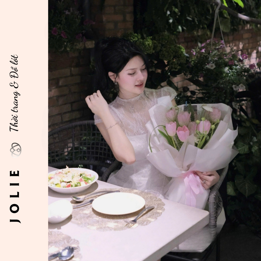 Đầm ren trắng tiểu thư JOLIE, Váy công chúa dự tiệc cổ cao tay ngắn sang chảnh