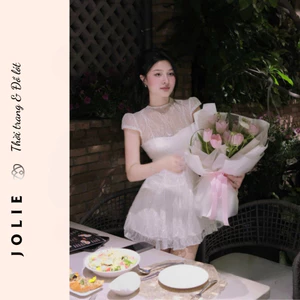 Đầm ren trắng tiểu thư JOLIE, Váy công chúa dự tiệc cổ cao tay ngắn sang chảnh