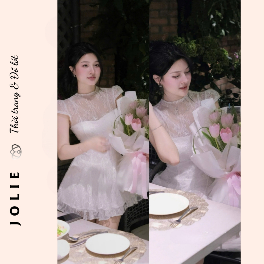 Đầm ren trắng tiểu thư JOLIE, Váy công chúa dự tiệc cổ cao tay ngắn sang chảnh