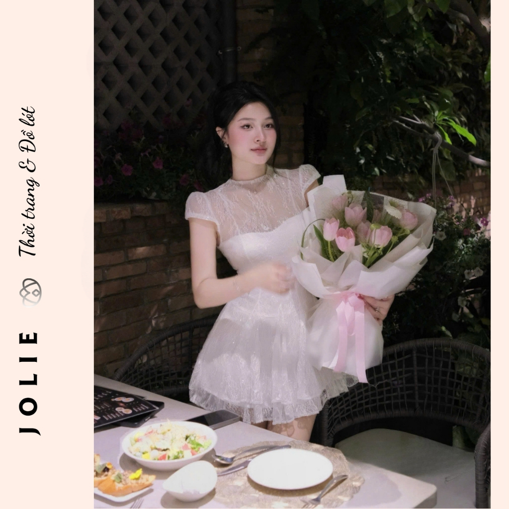 Đầm ren trắng tiểu thư JOLIE, Váy công chúa dự tiệc cổ cao tay ngắn sang chảnh