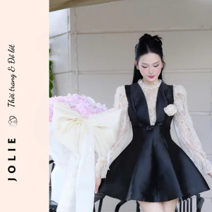 Đầm JOLIE phối ren sang chảnh, Váy tiểu thư tay dài, Set yếm đen dự tiệc cao cấp