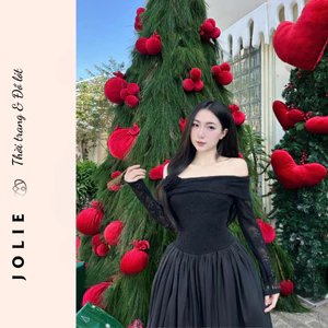 Váy đầm dự tiệc JOLIE màu đen, Đầm trễ vai tay ren sang trọng, Váy xòe đi tiệc
