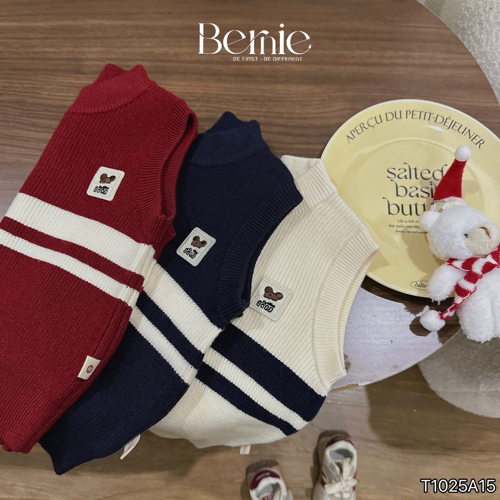 [Chính hãng bernie] Áo gile len bé trai đính tag gấu xinh xắn cho bé, áo gile len giữ ấm T1025A15