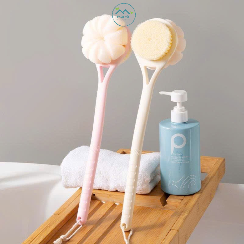 Bàn Chải Tắm 2 Mặt Cán Dài, Một Mặt Bông Lưới Tạo Bọt Một Mặt Bàn Chải Chà Lưng Làm Sạch Sâu