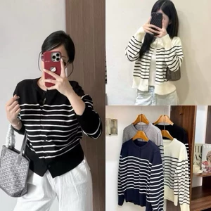Áo Cardigan len dệt kim hoạ tiết kẻ ngang 2 màu QC 5201