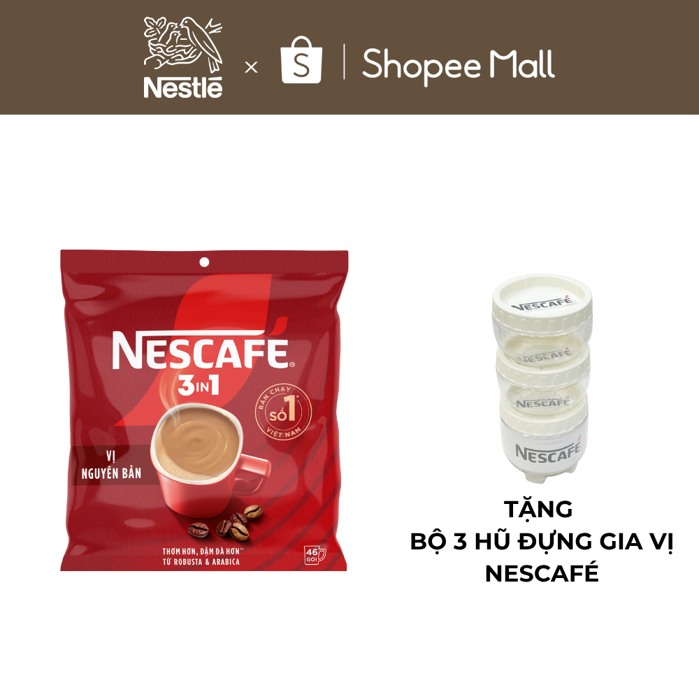 [Tặng Bộ 3 hũ đựng gia vị NESCAFÉ] Bịch Cà phê Hòa tan NESCAFÉ VỊ NGUYÊN BẢN 46 gói Đậm Thơm Hoàn Hảo