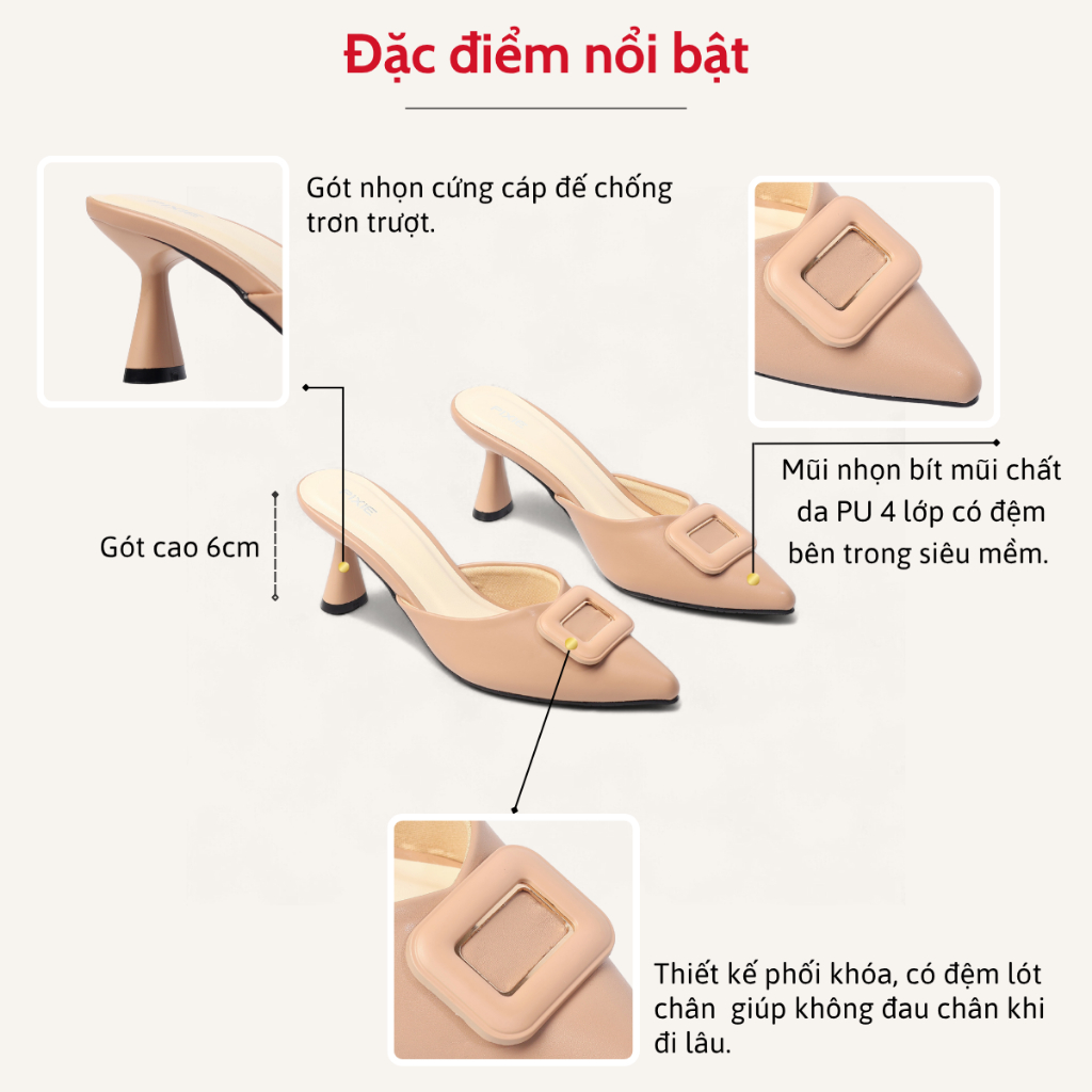 [Form nhỏ tăng 1 size] Giày Sục Cao Gót 6cm Phối Khóa Pixie E157