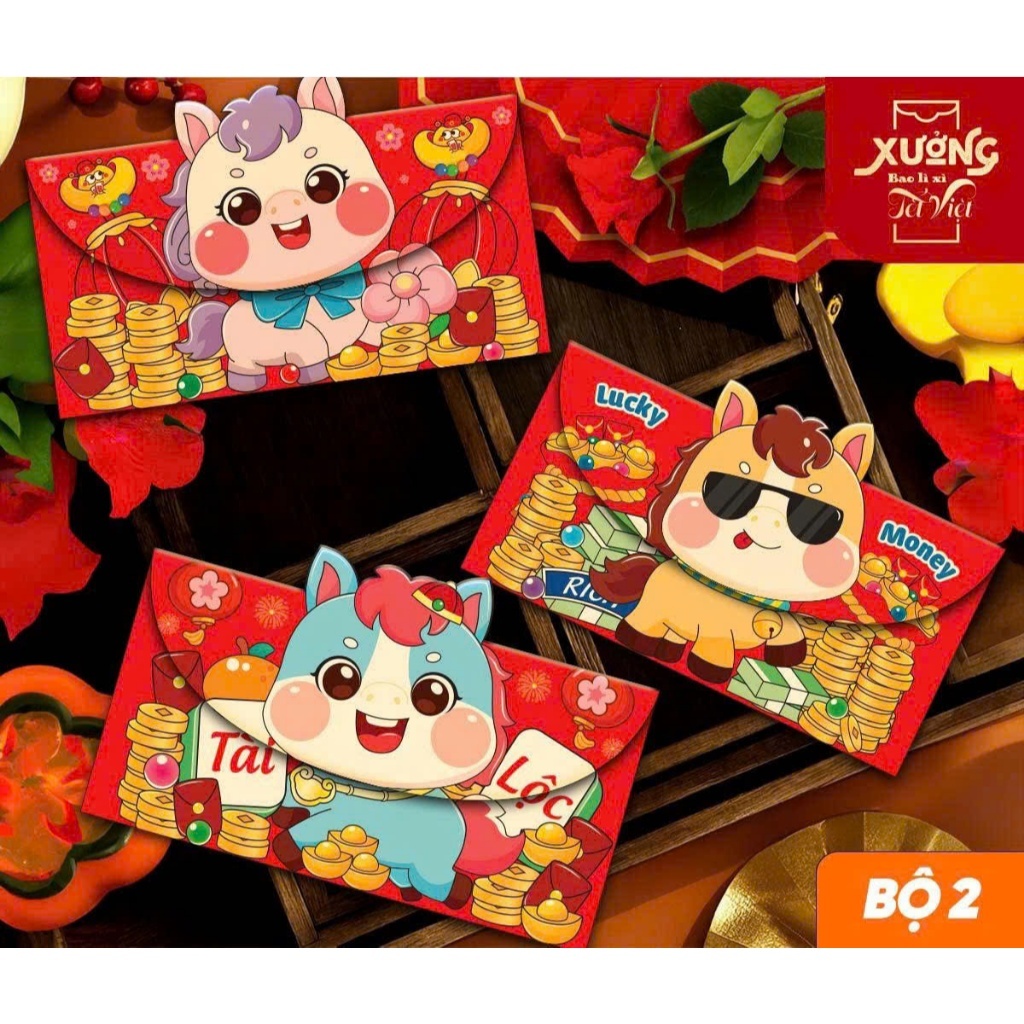 Bao Lì Xì Tết 2026 Con Lân Con Ngựa Lì Xì Lân Mừng Năm Mới Set 3 Cái Đầu Kì Lân Phong Bao Lì Xì - Đồ Chơi Cho Bé PUKAPI