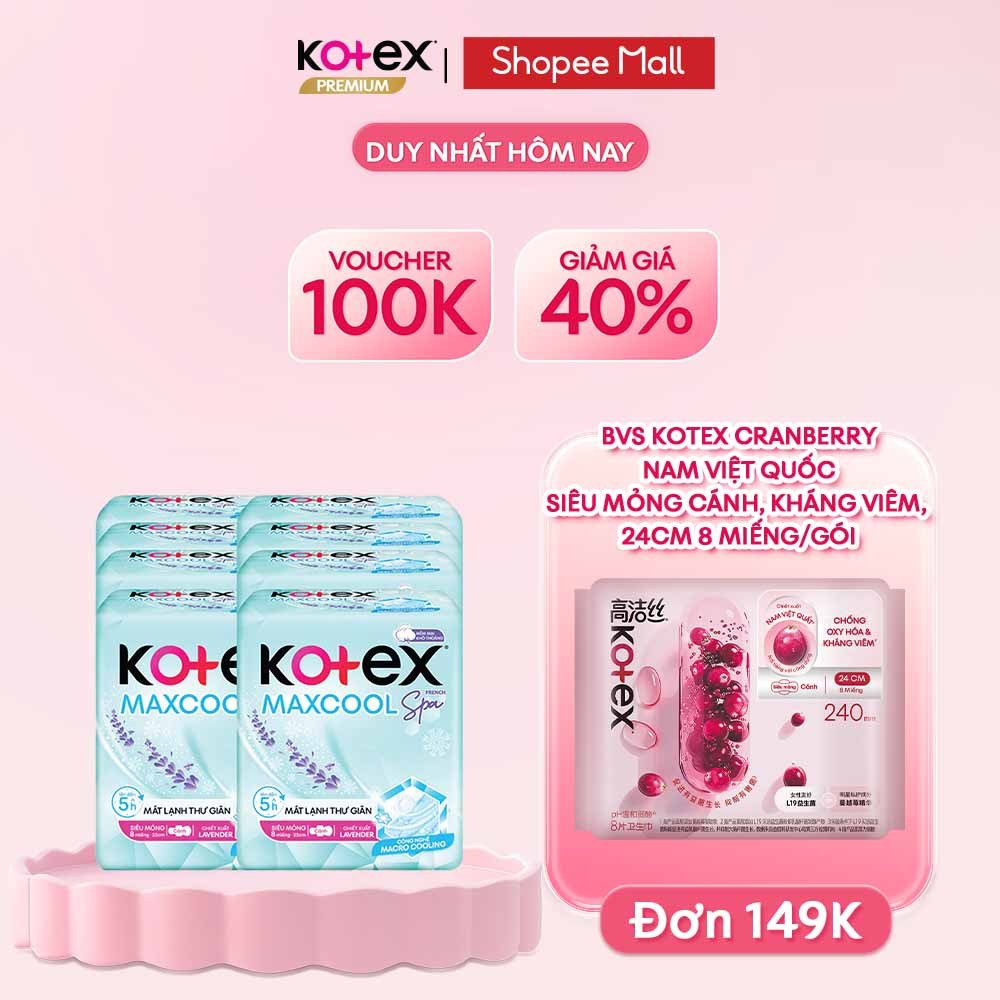 Combo 8 Gói Băng Vệ Sinh Kotex Maxcool French Spa Mát Lạnh Êm, Chiết Xuất Lavender Dịu Nhẹ 23cm 8 Miếng/Gói