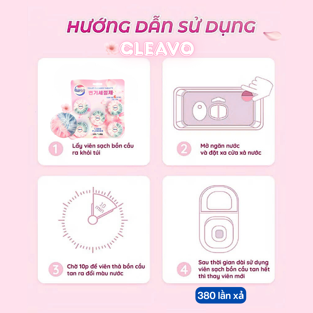 Viên thả bồn cầu CLEAVO khử mùi tẩy sạch bồn cầu thế hệ mới, diệt vi khuẩn  toilet, tẩy sạch mảng bám 50gX5 viên