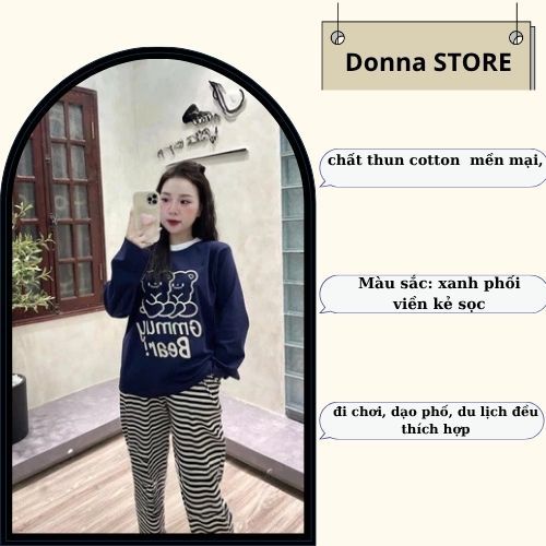 Set đồ nữ, đồ bộ nữ DONNA HCOM3390 thu đông áo in hình gấu dễ thương mix quần suông kẻ ngang