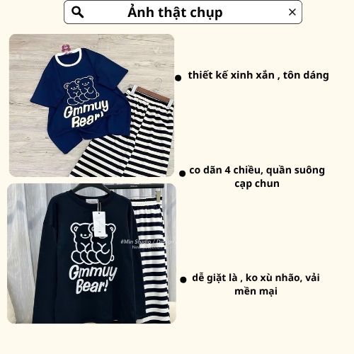 Set đồ nữ, đồ bộ nữ DONNA HCOM3390 thu đông áo in hình gấu dễ thương mix quần suông kẻ ngang
