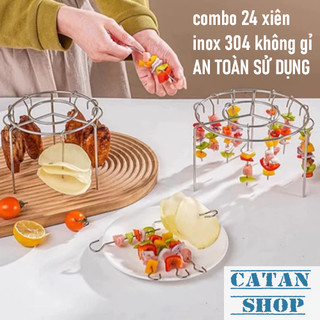 Xiên Thịt Nướng Rau Củ Dành Cho Nồi Chiên Không Dầu Combo 24 Que Xiên INOX 304 Kèm Khay Tròn Bền Bỉ An Toàn