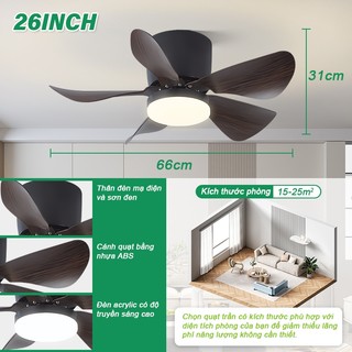 【COD】Quạt trần mini Đèn LED ba màu 24/26inch quạt trần 5 cánh Thích hợp cho phòng khách/phòng ngủ