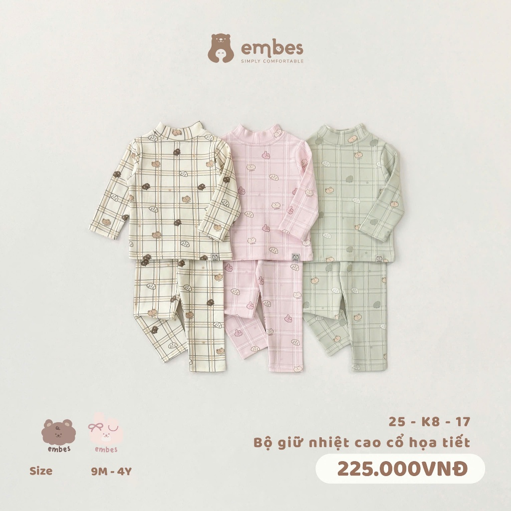 [New Collection] Bộ Giữ Nhiệt Cho Bé Embes, Bộ Dài Tay Cổ 3P In Hoạ Tiết Chất Ấm Áp Cho Bé Từ 8-18Kg