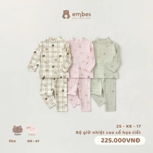 Bộ Giữ Nhiệt Cho Bé Embes, Bộ Dài Tay Cổ 3P In Hoạ Tiết Chất Ấm Áp Cho Bé Từ 8-18Kg