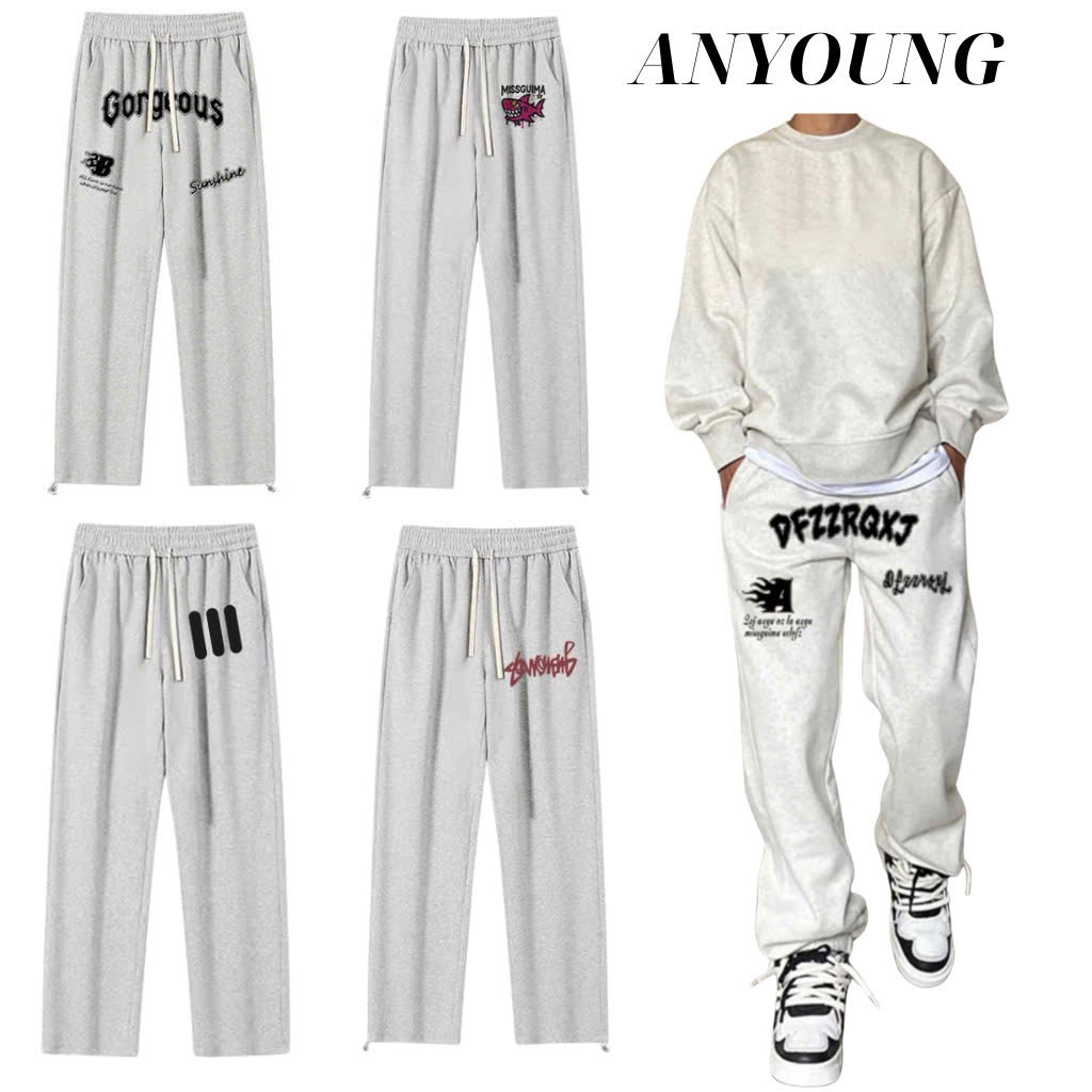 ANYOUNG Quần Nỉ Ống Suông Nam 2 Da ANYOUNG–Họa Tiết In Hình Xịn Thể Thao Form Rộng Unisex QD329 Màu Ghi Tiêu Sáng Dày Dặ