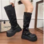 Boots đế bằng cổ cao phối ren (6cm)
