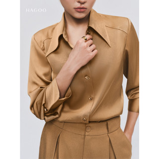 Áo sơ mi lụa nữ màu nâu cúc trang trí HAGOO phong cách thanh lịch sang trọng [A8053]