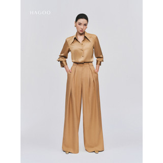 Áo sơ mi lụa nữ màu nâu cúc trang trí HAGOO phong cách thanh lịch sang trọng [A8053]