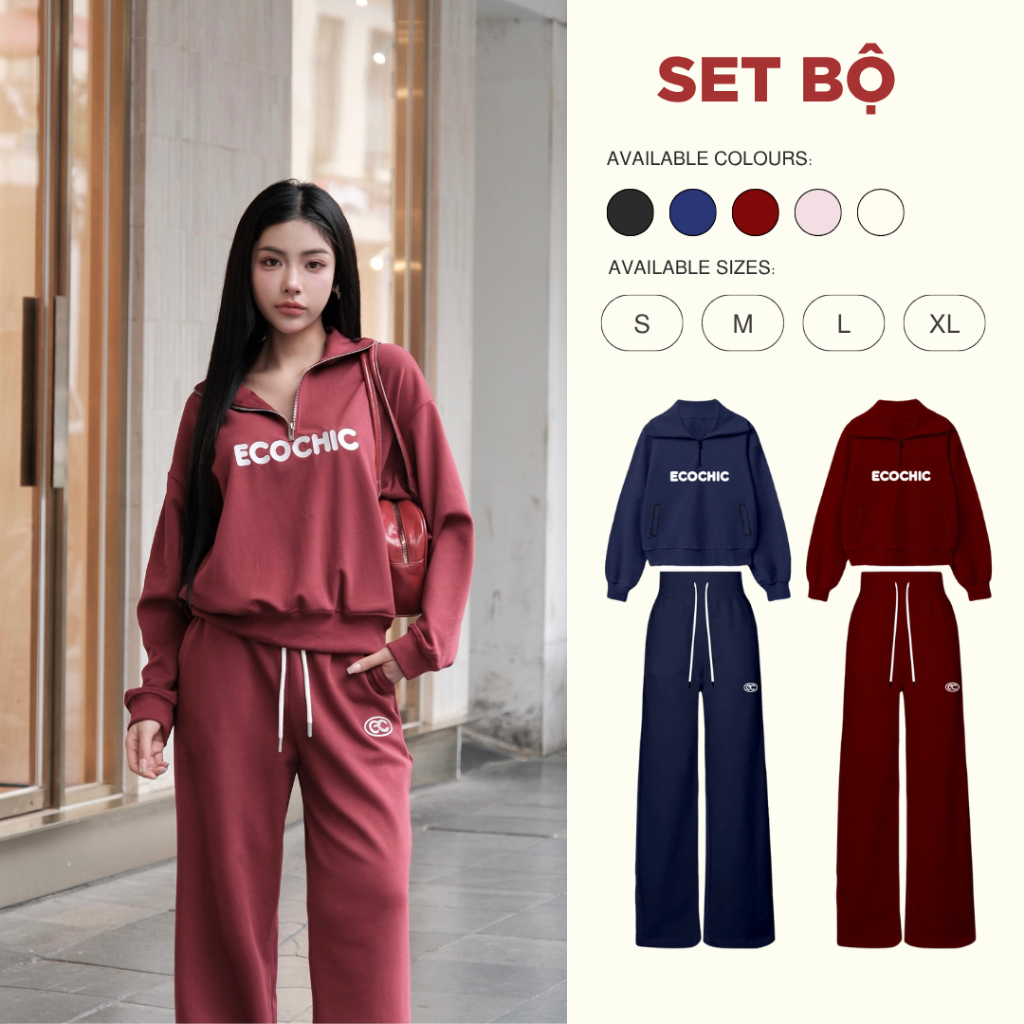 Set Bộ Dài ECOCHIC Áo Cổ Halfzip Logo Thêu Ngực Quần Suông Basic Dây Rút Chất Liệu Cao Cấp Chính Hãng B183