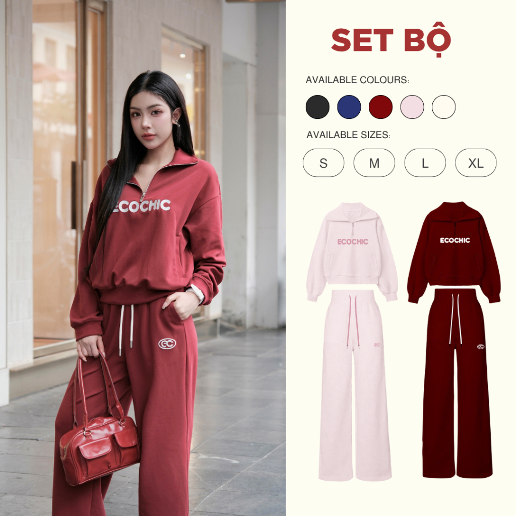 Set Bộ Dài ECOCHIC Áo Cổ Halfzip Logo Thêu Ngực Quần Suông Basic Dây Rút Chất Liệu Cao Cấp Chính Hãng B183