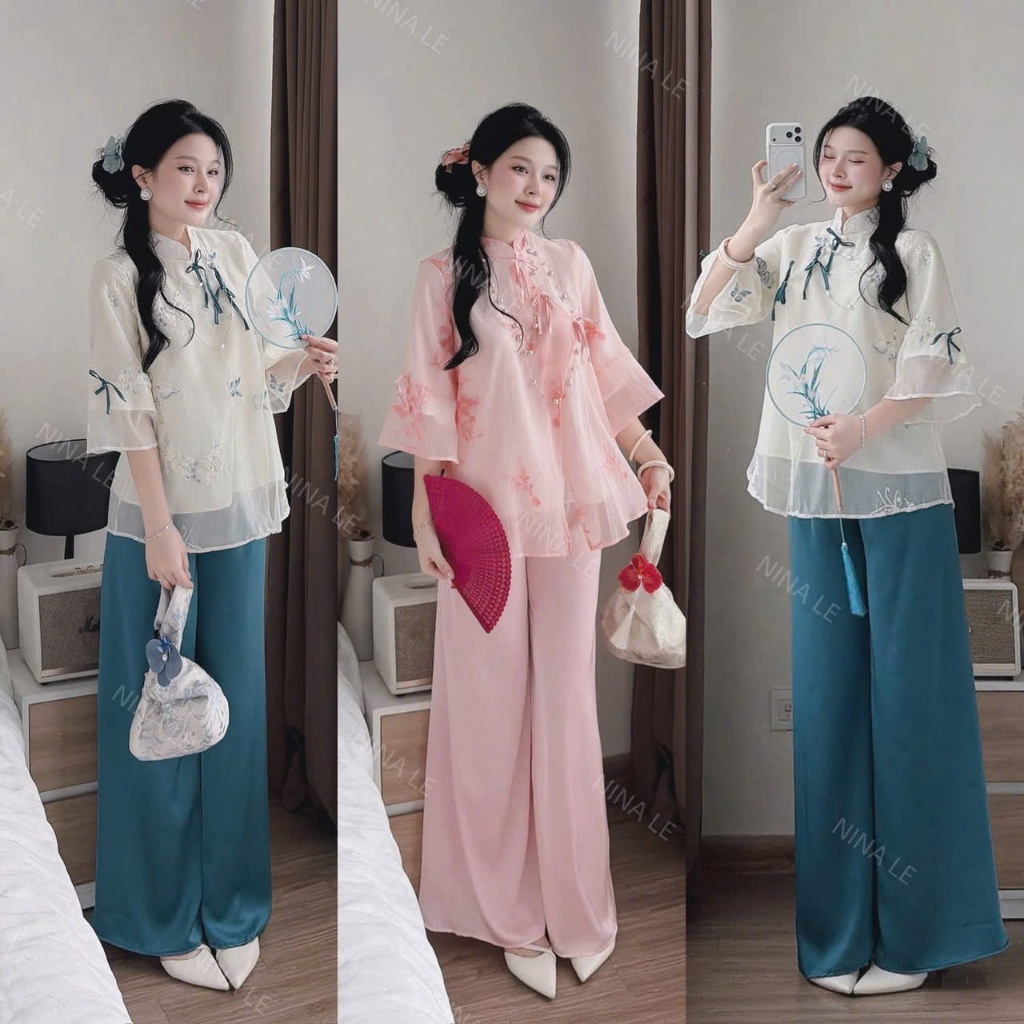 Set bộ thời trang Nữ cách tân thời thượng áo tơ cổ tàu tay …