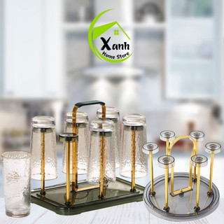Bộ Khay Úp Cốc Chén Inox 6 Ngăn Có Khay Hứng Nước GD246 - Giá Úp Cốc 6 Ngăn Inox Ráo Nước Nhanh