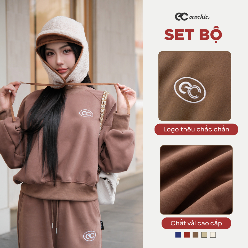 Set Bộ ECOCHIC IVORY FROST Áo Sweater Basic Chất Liệu Nỉ Hai Da Cao Cấp Chính Hãng B186