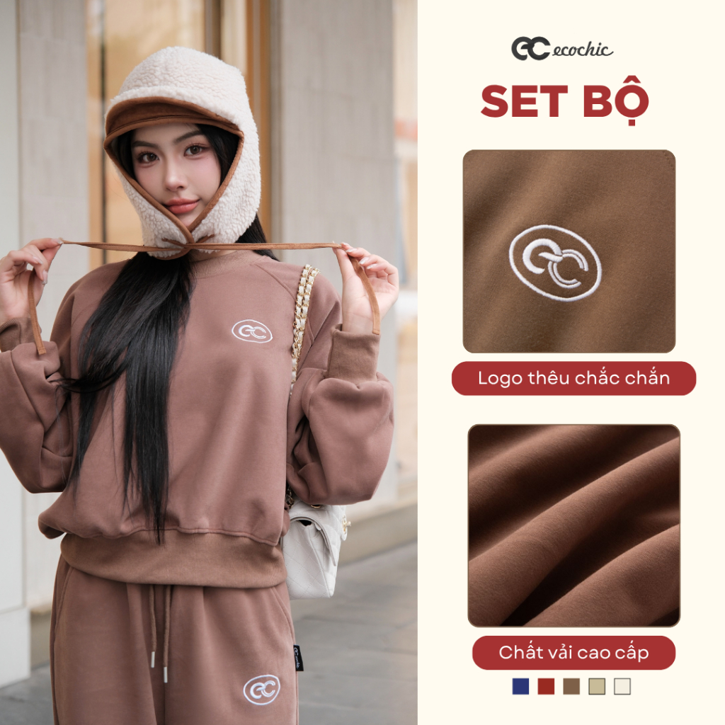 Set Bộ Dài ECOCHIC Nam Nữ Unisex Set Áo Sweater Nỉ Basic Quần Suông Dây Rút Form Rộng Cao Cấp Mềm Mịn Chính Hãng B186