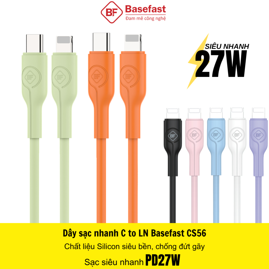 Dây sạc nhanh 20W Basefast Cáp 27W cao su non chống quá tải nhiệt cho Phone xsm 11 12 13 14 pro max